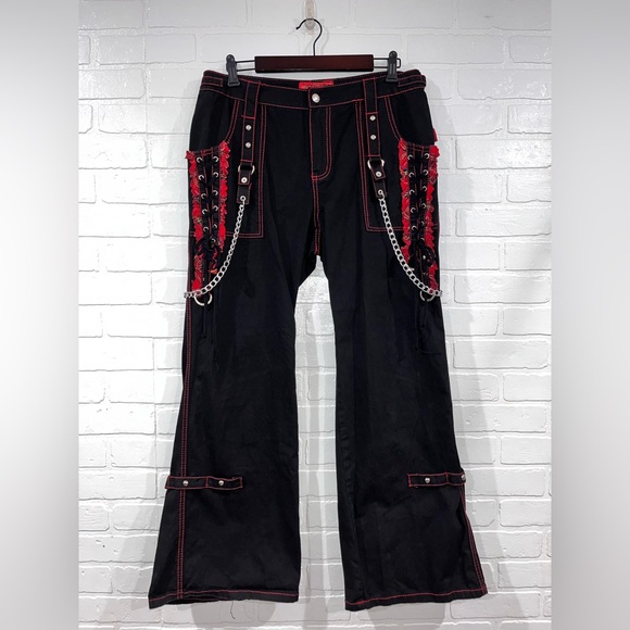 Tripp NYC Black And Red Plaid Lace-Up Chain Pants Gothic Chain Wide Leg Jeans - Picture 4 of 16
